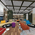 Modern Casual Lounge Interior With Colorful Sofas Chairs Coffee Tables And Bookshelves
