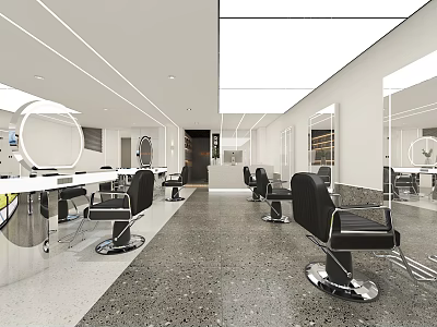 Modern Beauty Salon Interior with Stylish Black Salon Chairs Mirrors and Bright Lighting 3d model