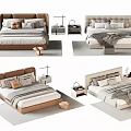 Modern Double Bed with Upholstered Headboard Nightstand Pillows and Blanket 3d model
