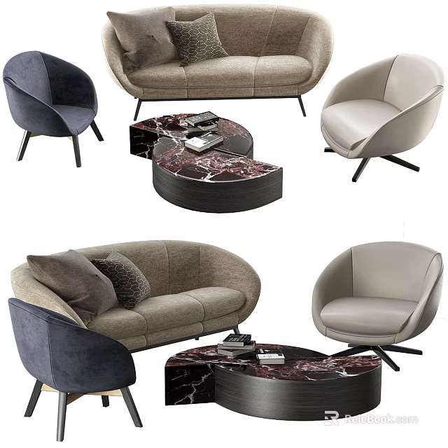 Modern Sofa Coffee Table Combination With Armchairs And Marble Top Design 3d model