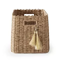 Three Handwoven Wicker Storage Baskets with Pom poms Tassels and Handles for Home Decor
