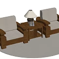 Wooden Frame Single Seater Sofas With Beige Cushions And Side Table Lamp 3d model
