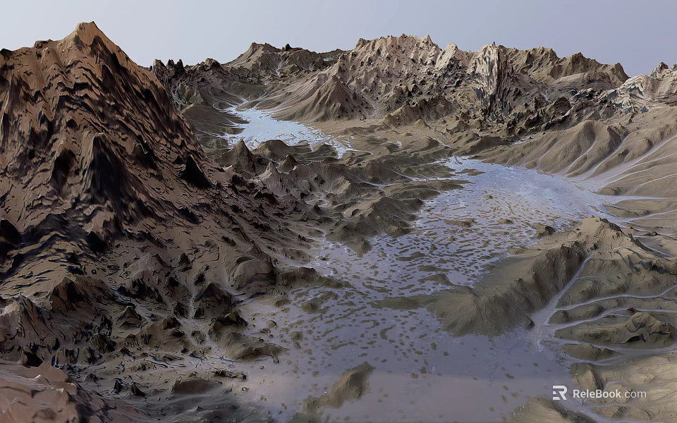 Rugged Mountainous Landscape With Winding River And Rocky Peaks Across Vast Terrain 3d model 