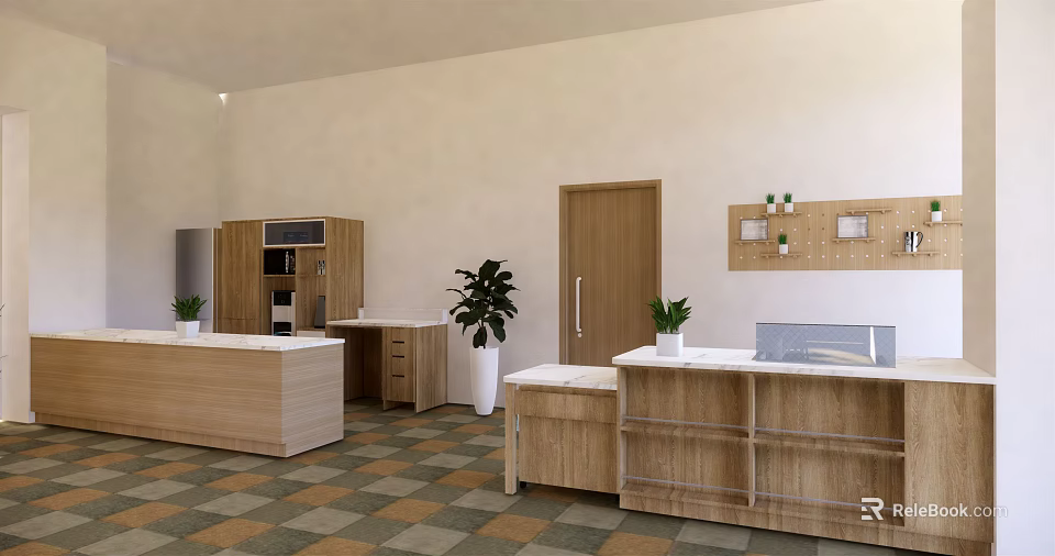 Modern Reception Desk Interior With Wooden Counter Cabinets And Potted Plants 3d model 