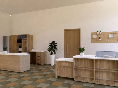 Modern Reception Desk Interior With Wooden Counter Cabinets And Potted Plants 3d model