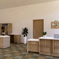 Modern Reception Desk Interior With Wooden Counter Cabinets And Potted Plants