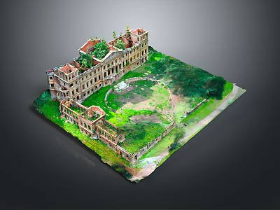 Detailed Ruined Building Model With Overgrown Green Vegetation And Courtyard 3d model