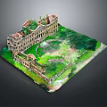 Detailed Ruined Building Model With Overgrown Green Vegetation And Courtyard
