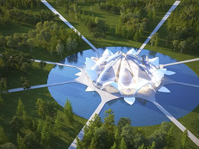Aerial Planning of Lotus shaped Building With Central Water Area And Radial Roads Amid Green Vegetation 3d model