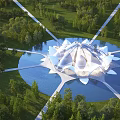 Aerial Planning of Lotus shaped Building With Central Water Area And Radial Roads Amid Green Vegetation