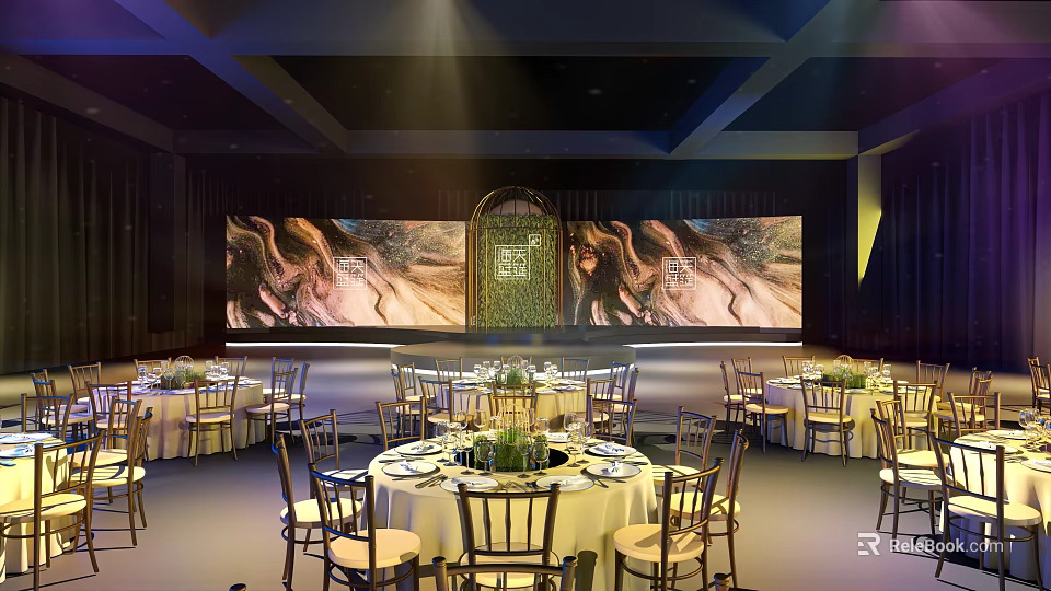 Elegant Banquet Hall Interior With Large Screen Backdrop Round Table Settings And Chairs 3d model