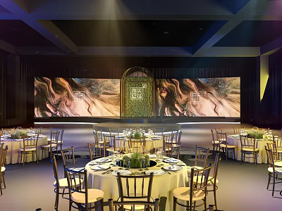 Elegant Banquet Hall Interior With Large Screen Backdrop Round Table Settings And Chairs 3d model