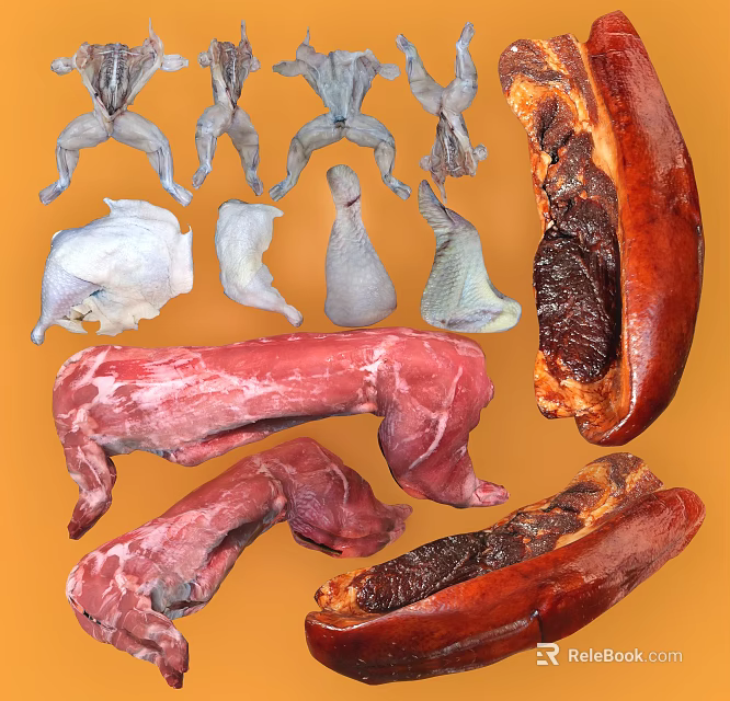 Different Types of Fresh Raw and Cooked Meat Cuts with Chicken and Pork 3d model 