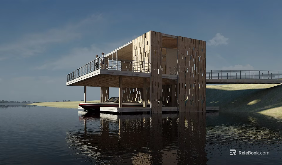 Scenic Floating Wooden Building With Balcony And Small Boat On Calm Water Under Blue Sky 3d model 