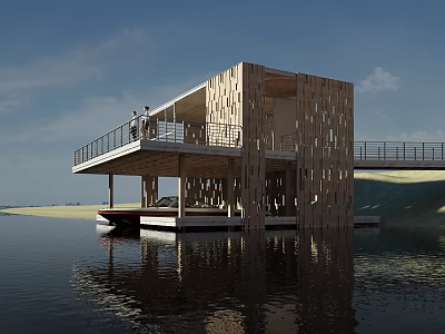 Scenic Floating Wooden Building With Balcony And Small Boat On Calm Water Under Blue Sky 3d model