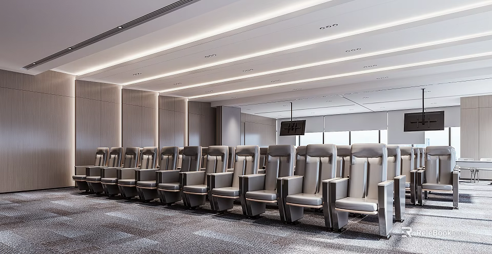 Modern Large Conference Room With Multiple Rows Of Gray Seats Lighting And Wall Design 3d model 