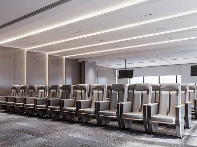 Modern Large Conference Room With Multiple Rows Of Gray Seats Lighting And Wall Design 3d model