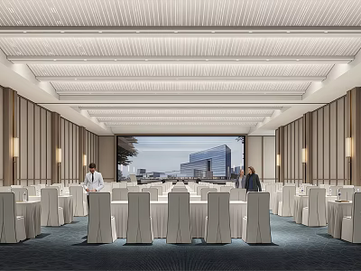 Modern Banquet Hall With Round Tables White Tablecloths Wooden Walls And City View Screen 3d model