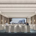 Modern Banquet Hall With Round Tables White Tablecloths Wooden Walls And City View Screen