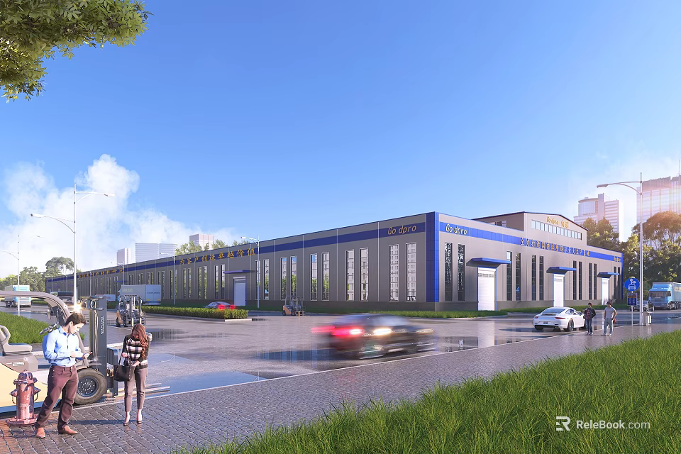 Modern Industrial Factory Building Exterior With Gray Blue Facade Large Windows And Roadside Greenery 3d model 
