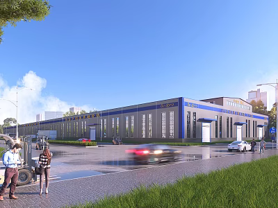 Modern Industrial Factory Building Exterior With Gray Blue Facade Large Windows And Roadside Greenery 3d model