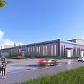 Modern Industrial Factory Building Exterior With Gray Blue Facade Large Windows And Roadside Greenery