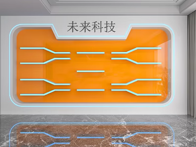 Futuristic Tech Display Shelves With Orange Background And Blue LED Lines 3d model