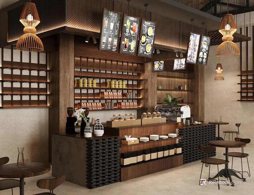 Cozy Café Interior With Wooden Shelves Hanging Menu Boards Pendant Lights And Tables 3d model 