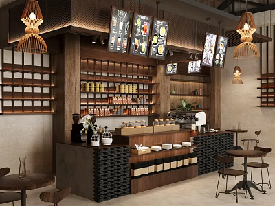 Cozy Café Interior With Wooden Shelves Hanging Menu Boards Pendant Lights And Tables 3d model