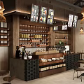 Cozy Café Interior With Wooden Shelves Hanging Menu Boards Pendant Lights And Tables