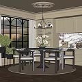Elegant Restaurant Interior With Large Windows Chandelier White Cabinets Marble Countertop Dining Table And Plants