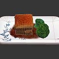 Delicious Meal With Red Cooked Meat Green Broccoli On White Plate With Blue Floral Patterns