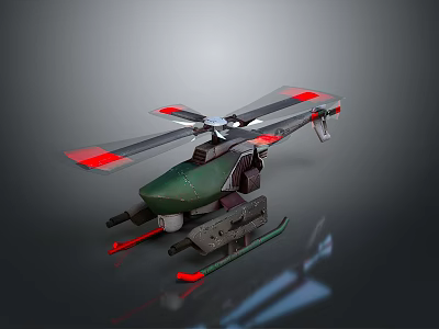 Green Toy Helicopter Model With Red Transparent Rotors And Mechanical Details 3d model