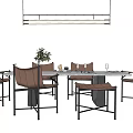 Modern Dining Table Set With Leather Chairs Glass Top And Pendant Light 3d model