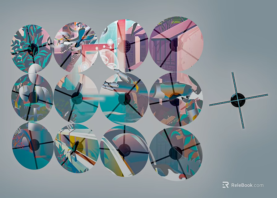 Colorful Circular Patterns With Abstract Designs On Gray Background And Cross Shaped Circle On Right 3d model