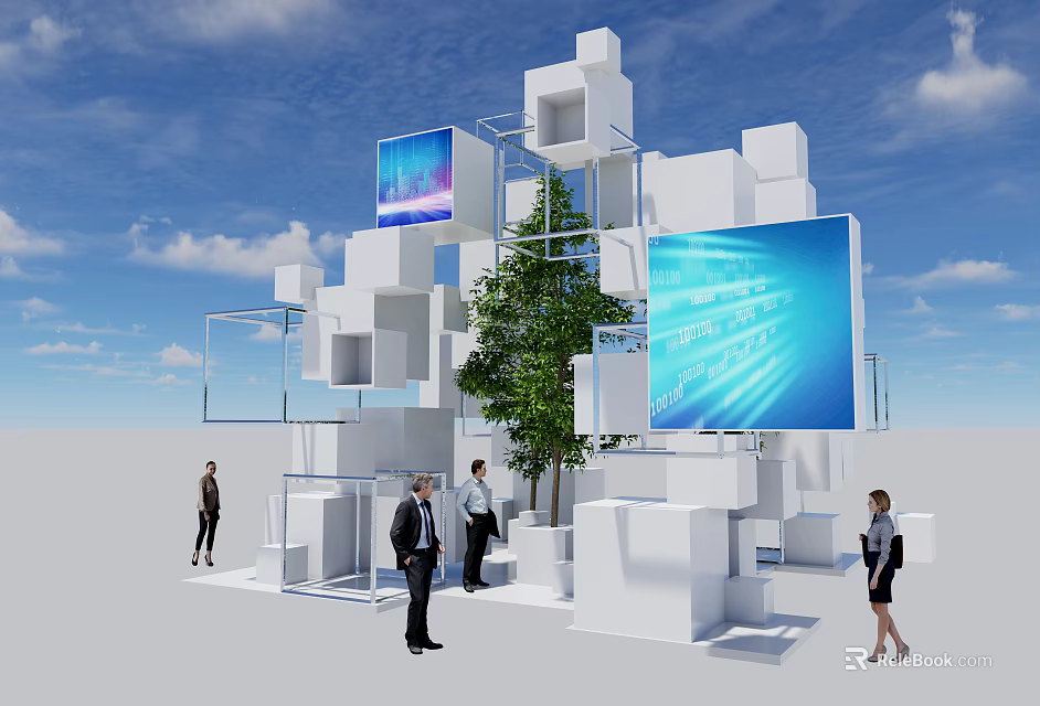 Contemporary Architectural Installation With White Cubes Large Screens Green Tree People And Blue Sky 3d model 