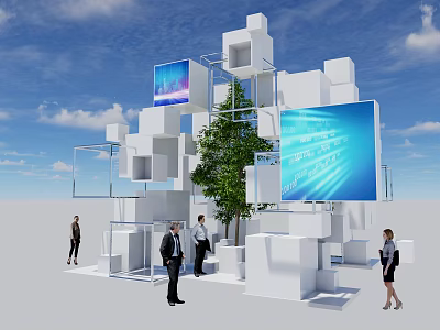 Contemporary Architectural Installation With White Cubes Large Screens Green Tree People And Blue Sky 3d model