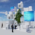 Contemporary Architectural Installation With White Cubes Large Screens Green Tree People And Blue Sky