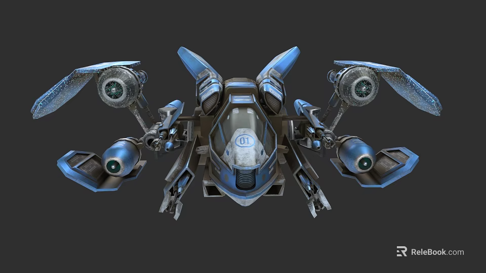 Sci Fi Warship 3D Model With Blue Exterior Weapons And Cockpit Design 3d model