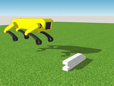 Yellow Smart Robot Moving on Green Grass with White Bricks Nearby 3d model
