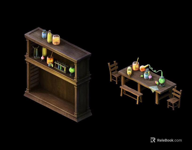 Industrial Equipment Setup With Wooden Shelf Various Bottles Lab Instruments And Table Chairs 3d model 
