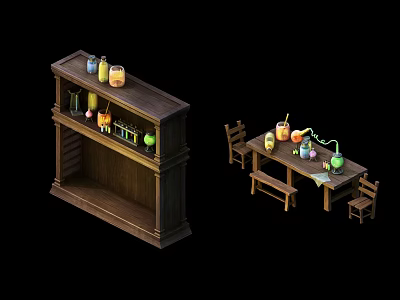 Industrial Equipment Setup With Wooden Shelf Various Bottles Lab Instruments And Table Chairs 3d model