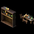 Industrial Equipment Setup With Wooden Shelf Various Bottles Lab Instruments And Table Chairs