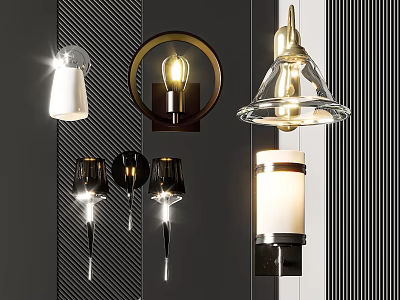 Modern Wall Lamps with Diverse Designs Glass Shades and Illuminated Bulbs 3d model