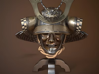 Traditional Samurai Helmet with Metal Construction Decorative Carvings and Side Guards on Stand 3d model