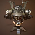 Traditional Samurai Helmet with Metal Construction Decorative Carvings and Side Guards on Stand
