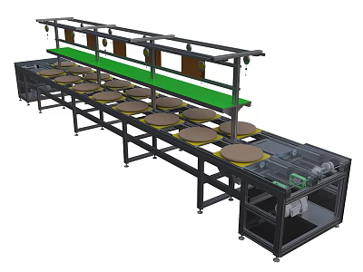 Automated Industrial Conveyor Production Line With Circular Trays Green Belt And Metal Frame 3d model