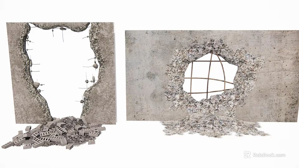Damaged Concrete Wall With Cracks Holes Steel Bars And Debris Around 3d model 