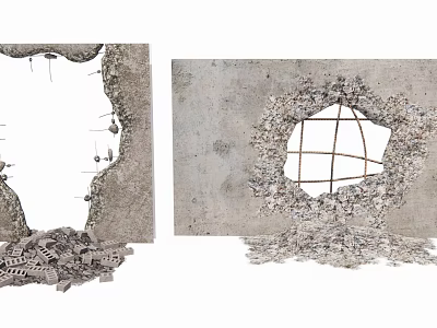 Damaged Concrete Wall With Cracks Holes Steel Bars And Debris Around 3d model