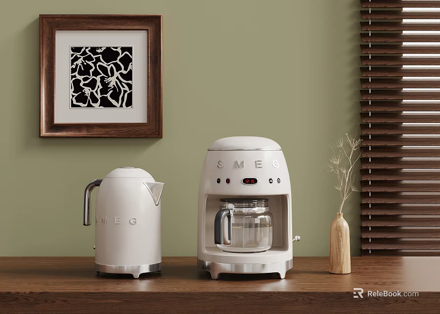 White SMEG Electric Kettle Coffee Machine On Wooden Counter With Green Wall Art And Blinds 3d model 